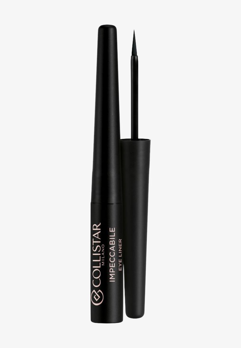 Eyeliner liquide noir dans un flacon fin avec un applicateur pointu. Présente le nom de la marque en texte blanc et or rose sur le corps.