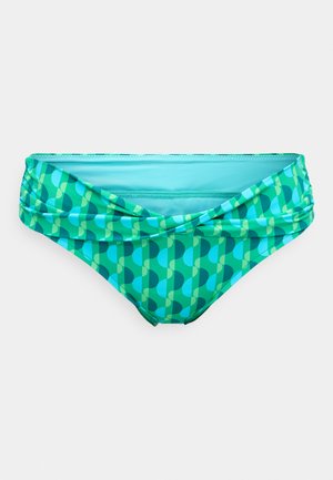 Bikini dno v odtenkih zeleno-modre barve z valovitim vzorcem. Narejen iz elastičnega materiala, z zasnovo, ki jo je mogoče preklopiti, in gladko teksturo.