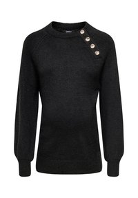 Črn dolgotrajni pulover z dolgimi rokavi, okrolim izrezom in štirimi dekorativnimi zlatimi gumbi na levem rami, z rebrastimi manšetami in spodnjim robom.