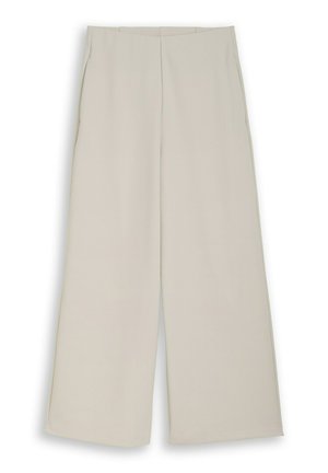 Beżowe spodnie o szerokich nogawkach z wysokim stanem i detalem w postaci szwu z przodu, przedstawione na płasko na białym tle.
