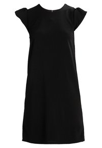 Czarna sukienka z krótkimi, falbaniastymi rękawami i okrągłym dekoltem. Wykonana z gładkiego materiału, z zapięciem z tyłu i fasonem w kształcie litery A.