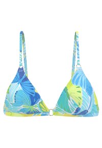 Top bikini a triangolo con stampa di foglie tropicali blu e verdi, spalline regolabili e chiusura color oro al centro.