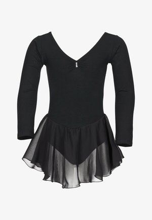Justaucorps de ballet noir à manches longues avec un décolleté en V profond, trois petits boutons à l'avant et une jupe évasée en tulle attachée.