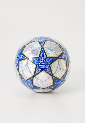 Blue soccer ball featuring a star design, shiny silver accents, UEFA Champions League logo, and patterned panels. Durable synthetic material.