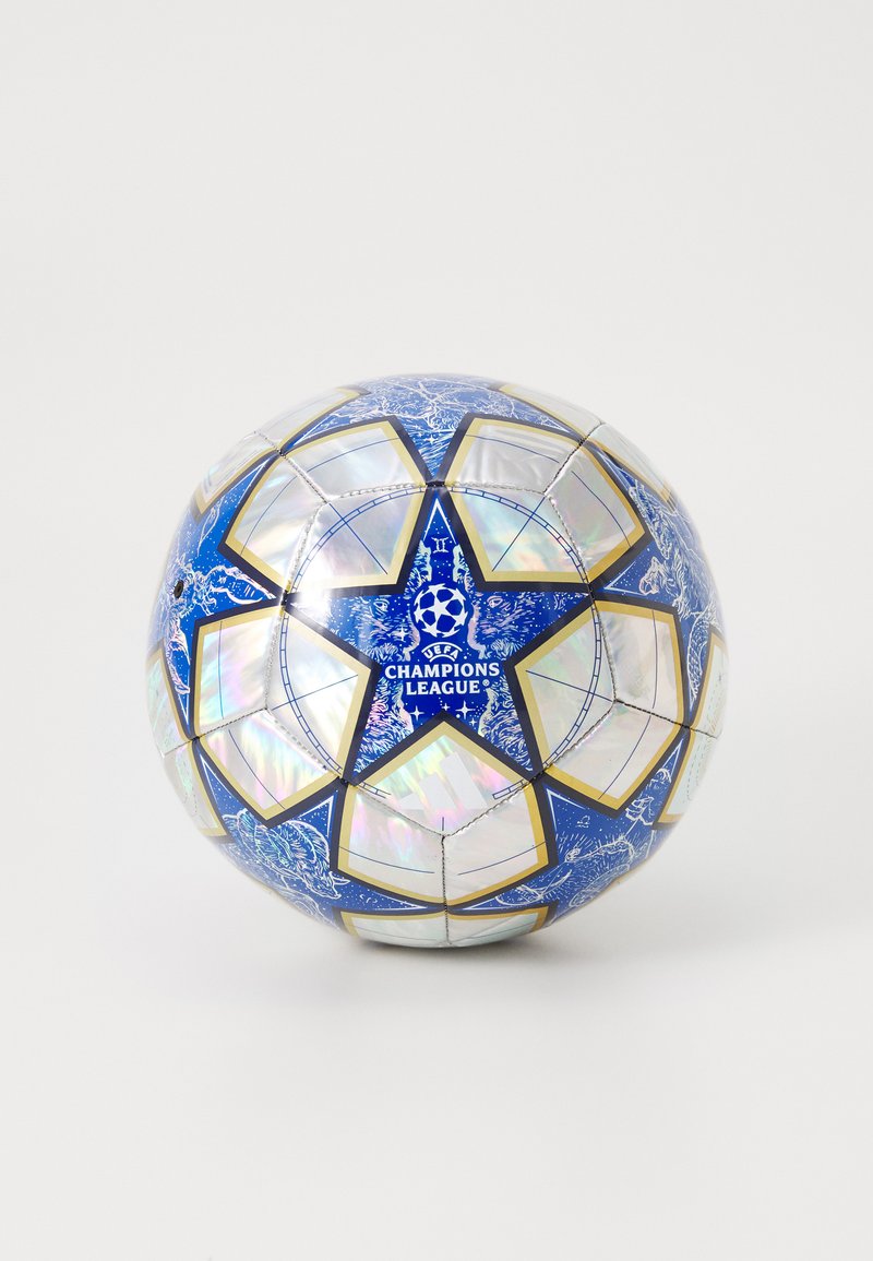Blue soccer ball featuring a star design, shiny silver accents, UEFA Champions League logo, and patterned panels. Durable synthetic material.