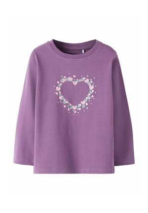 Purple long-sleeve shirt with a round neckline, featuring a heart shape made of small pink and blue glittery hearts in the center.