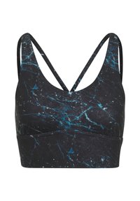 Black sports bra with a blue marble pattern, featuring a scoop neckline and crisscross straps for added support. Soft fabric texture.