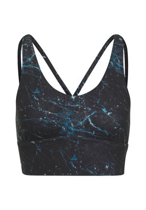Black sports bra with a blue marble pattern, featuring a scoop neckline and crisscross straps for added support. Soft fabric texture.