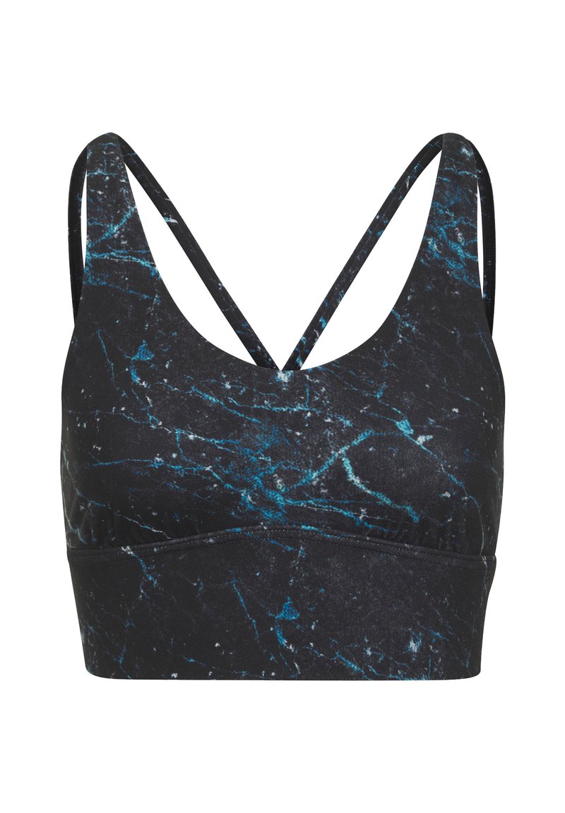 Black sports bra with a blue marble pattern, featuring a scoop neckline and crisscross straps for added support. Soft fabric texture.