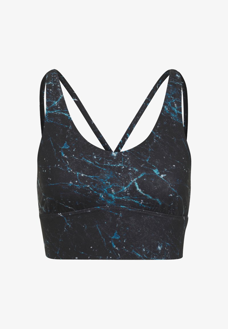 Black sports bra with a blue marble pattern, featuring a scoop neckline and crisscross straps for added support. Soft fabric texture.