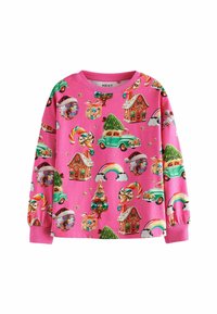 Maglione a maniche lunghe rosa per bambini con illustrazioni a tema caramelle: auto, case, alberi e regali in colori vivaci, con una morbida texture in cotone.