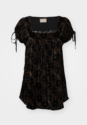 Top en velours noir avec un décolleté carré, des manches bouffantes et des motifs floraux en brun et or. Doté de liens ajustables sur les manches.