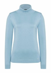 Hellblaues Rollkragensweatshirt aus glattem, geripptem Material. Mit langen Ärmeln und schlankem Schnitt, sowie einem kleinen Logodetail am Saum.