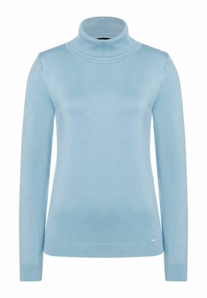 Hellblaues Rollkragensweatshirt aus glattem, geripptem Material. Mit langen Ärmeln und schlankem Schnitt, sowie einem kleinen Logodetail am Saum.