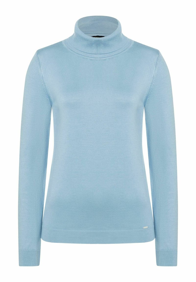 Hellblaues Rollkragensweatshirt aus glattem, geripptem Material. Mit langen Ärmeln und schlankem Schnitt, sowie einem kleinen Logodetail am Saum.