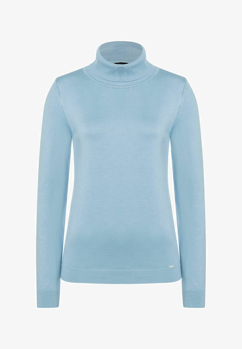 Light blue turtleneck sweater made of smooth, ribbed fabric. Features long sleeves and a fitted design, with a small logo detail at the hem.