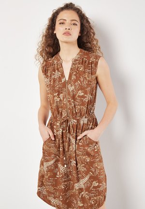 Braunes ärmelloses Kleid mit Reißverschluss vorne, Kordelzug in der Taille und seitlichen Taschen. Hat ein florales und tierisches Muster auf leichtem Stoff.