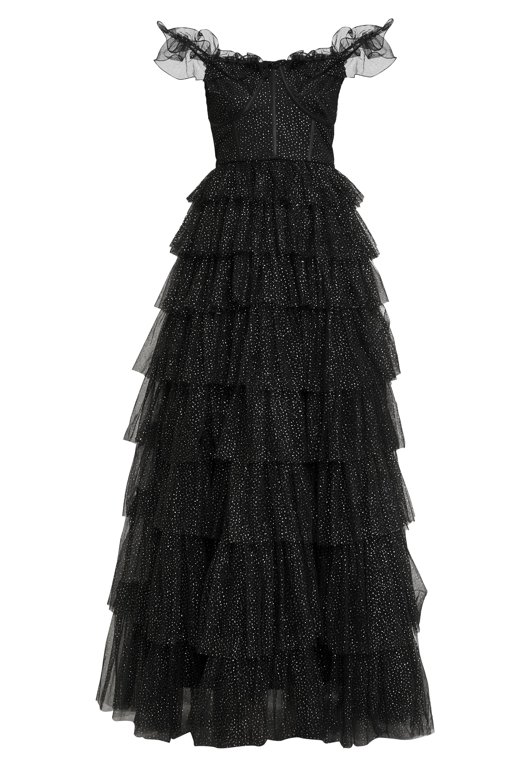 black glitter bardot maxi dress
