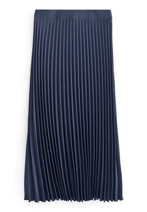Marineblå midilang plisseret nederdel med en tætsiddende linning, lavet af glat, let stof.
