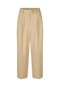 Beige, geplooide broeken van lichtgewicht stof, met een elastische tailleband en een sluiting met een knoop aan de voorkant. Rechttoegenomen ontwerp.