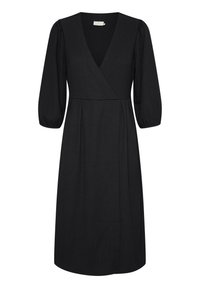 Vestito avvolgente nero con scollatura a V profonda, maniche a palloncino a 3/4, tessuto texturizzato e silhouette dritta. Presenta una vita definita e un orlo all'altezza del ginocchio.