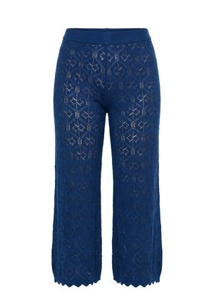 Pantaloni a gamba larga blu navy con motivo geometrico in pizzo, vita elasticizzata e orlo smerlato, mostrati su sfondo bianco.