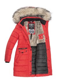 Red padded coat with a faux fur-lined hood, zippered and snap pockets, and a contrasting black inner lining. Features horizontal stitching.