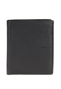 Monedero de cuero negro con textura de grano, diseño de doble pliegue, nombre de la marca embellecido en la parte frontal y bordes cosidos.