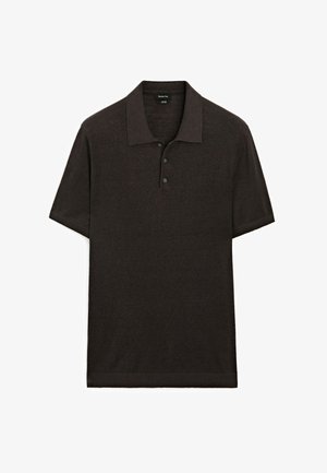 Short-sleeve dark brown polo shirt with a collar, featuring three button placket, textured fabric, and ribbed cuffs.
