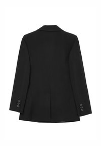 Blazer nero su misura con colletto a scendere, con una fessura, maniche lunghe e polsini con bottone. Tessuto liscio con un design pulito e minimalista.