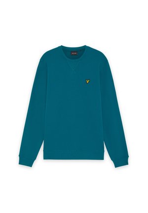 Sinivihreä pitkähihainen pyöreäkauluksinen collegepaita, jossa on resorit hihansuissa ja helmassa sekä pieni keltainen lintulogo vasemmassa rinnassa.