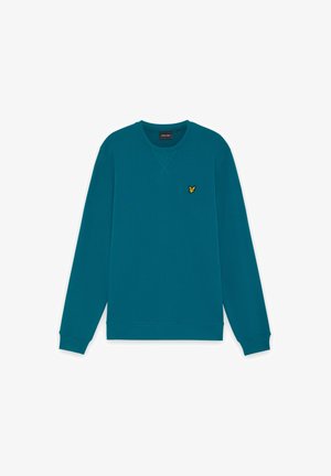 Sinivihreä pitkähihainen pyöreäkauluksinen collegepaita, jossa on resorit hihansuissa ja helmassa sekä pieni keltainen lintulogo vasemmassa rinnassa.