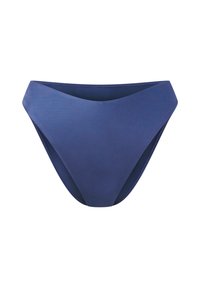 Niebieskie majtki bikini o gładkiej fakturze, z V-kształtnym przodem i wyciętymi nogawkami. Wykonane z elastycznego, szybko schnącego materiału.