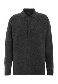 Pull polo en maille gris foncé à manches longues avec patte de boutonnage et petit logo brodé sur la poitrine gauche.