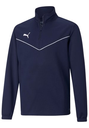 Donkerblauw sweatshirt met een kwart-ritssluiting, lange mouwen, een wit chevronpatroon en het Puma-logo op de borst, gemaakt van zacht materiaal.