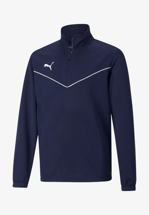Pullover blu navy con chiusura a metà zip, maniche lunghe, motivo a zig-zag bianco e logo Puma sul petto, realizzato in tessuto morbido.