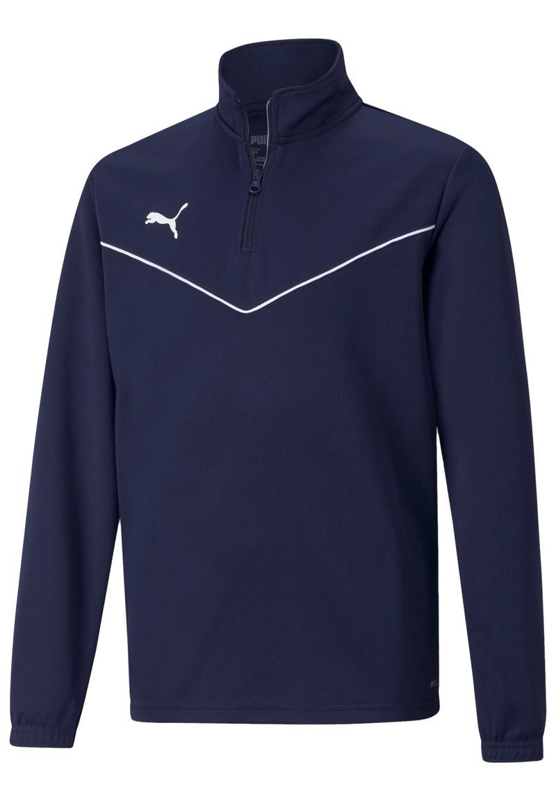 Pullover blu navy con chiusura a metà zip, maniche lunghe, motivo a zig-zag bianco e logo Puma sul petto, realizzato in tessuto morbido.