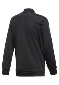 Chaqueta deportiva negra hecha de un tejido suave, con un cuello alto, puños y dobladillo acanalados, y un diseño minimalista sin marcas visibles.