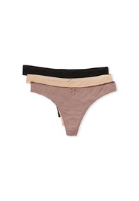 Trois paires de strings en noir, beige et marron clair. Matière douce et extensible avec une texture lisse et un design minimaliste.