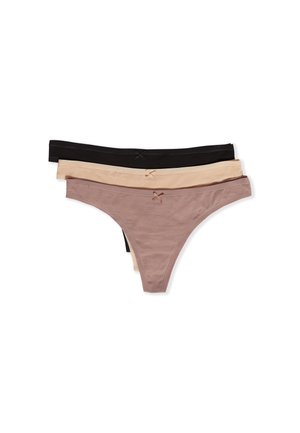 Three pairs of thong underwear in black, beige, and light brown. Soft, stretchy material with a smooth texture and minimalistic design.