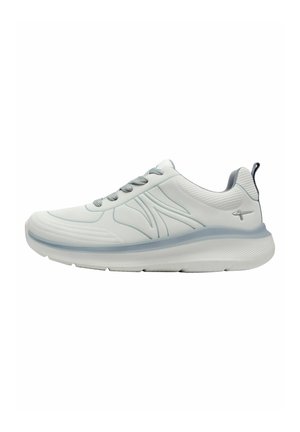 White athletic shoe with a textured upper, grey accents, and flexible outsole. Features a smooth design and flat lace closure.