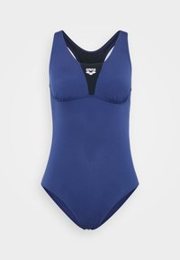 Maillot de bain une pièce bleu marine avec un décolleté en V, doté d'un panneau d'accent noir à l'avant, fabriqué à partir d'un matériau lisse et extensible.
