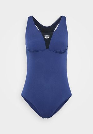 Costume da bagno intero blu navy con scollatura a V, dotato di un pannello accentuato nero sul davanti, realizzato in materiale liscio e elasticizzato.