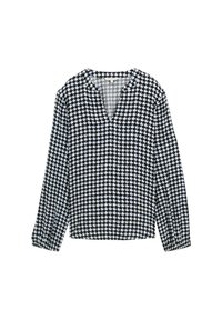 Blusa de manga larga en blanco y negro con un patrón geométrico, escote en V y puños fruncidos que añaden textura y detalle de diseño.