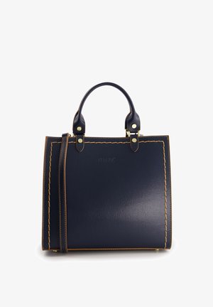Sac à main en cuir marine avec quincaillerie dorée, double poignées supérieures et couture contrastante jaune. Forme rectangulaire avec une texture lisse.