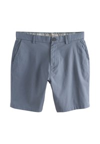 Lichtblauwe katoenen korte broek met een platte voorkant, twee zijzakken en een enkele achterzak met knoopsluiting.