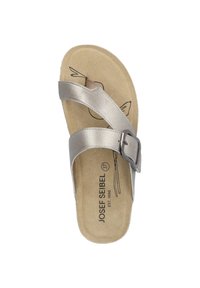 Sølv slide sandal med to brede stropper og en rektangulær spænde. Blød tan sål med et trykt fuglemotiv. Størrelse 37.