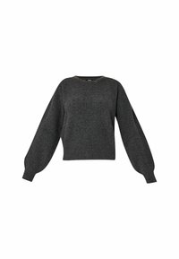Pull en maille gris foncé avec larges manches ballon et encolure ronde ornée d'une fine bordure décorative.