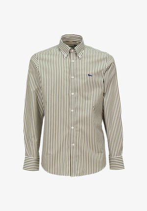 Camicia a righe marrone e bianca in cotone. Presenta un colletto classico e maniche lunghe con polsini abbottonati. Piccolo logo sul petto.