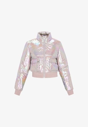 Jacheta pufoasă, croită, irizantă, cu guler înalt, fermoar frontal și două buzunare pe piept. Textură moale, căptușită, cu manșete cu dungi.